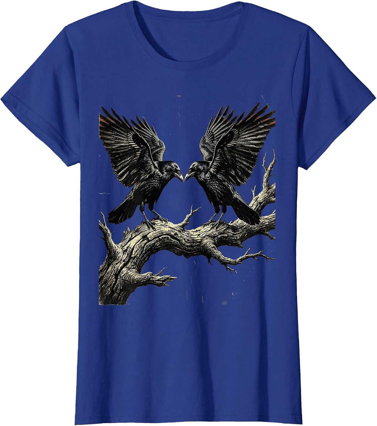 Women's Two Crows on Dead Branch Standoff Illustration T-Shirt - Royal Blue