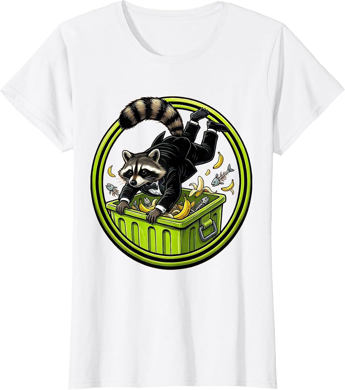 Fancy Raccoon Dumpster Diving Tuxedo Illustration T-Shirt - White