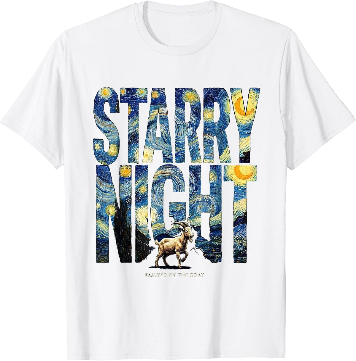 Men's Starry Night Painted By The Goat Whimsical Art Homage Animal T-Shirt - White