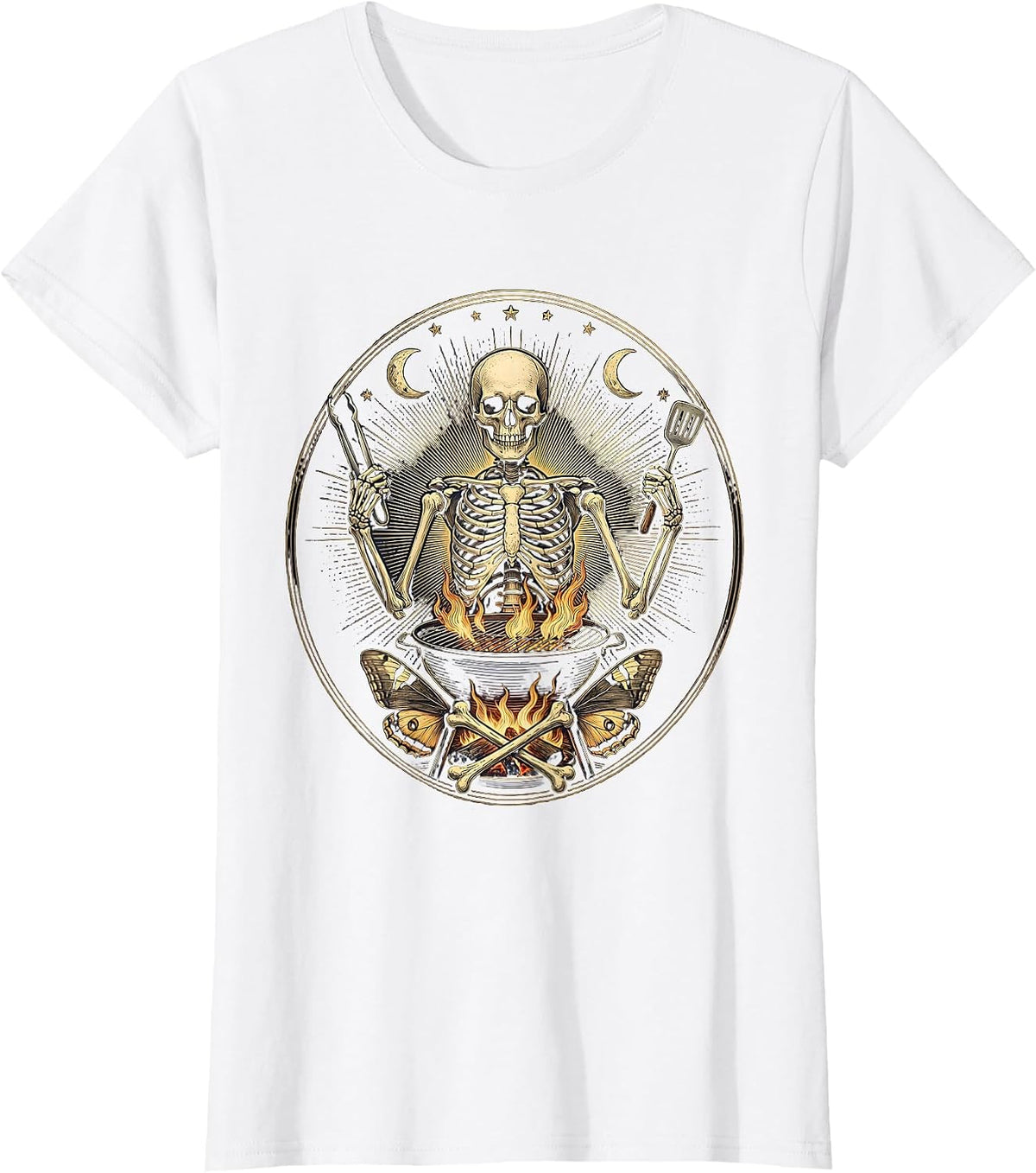 Skeleton Dad Grilling Burgers Backyard BBQ T-Shirt - White