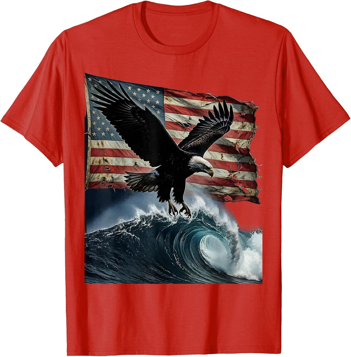 Men's Bald Eagle Diving Ocean Wave USA Freedom T-Shirt - Red