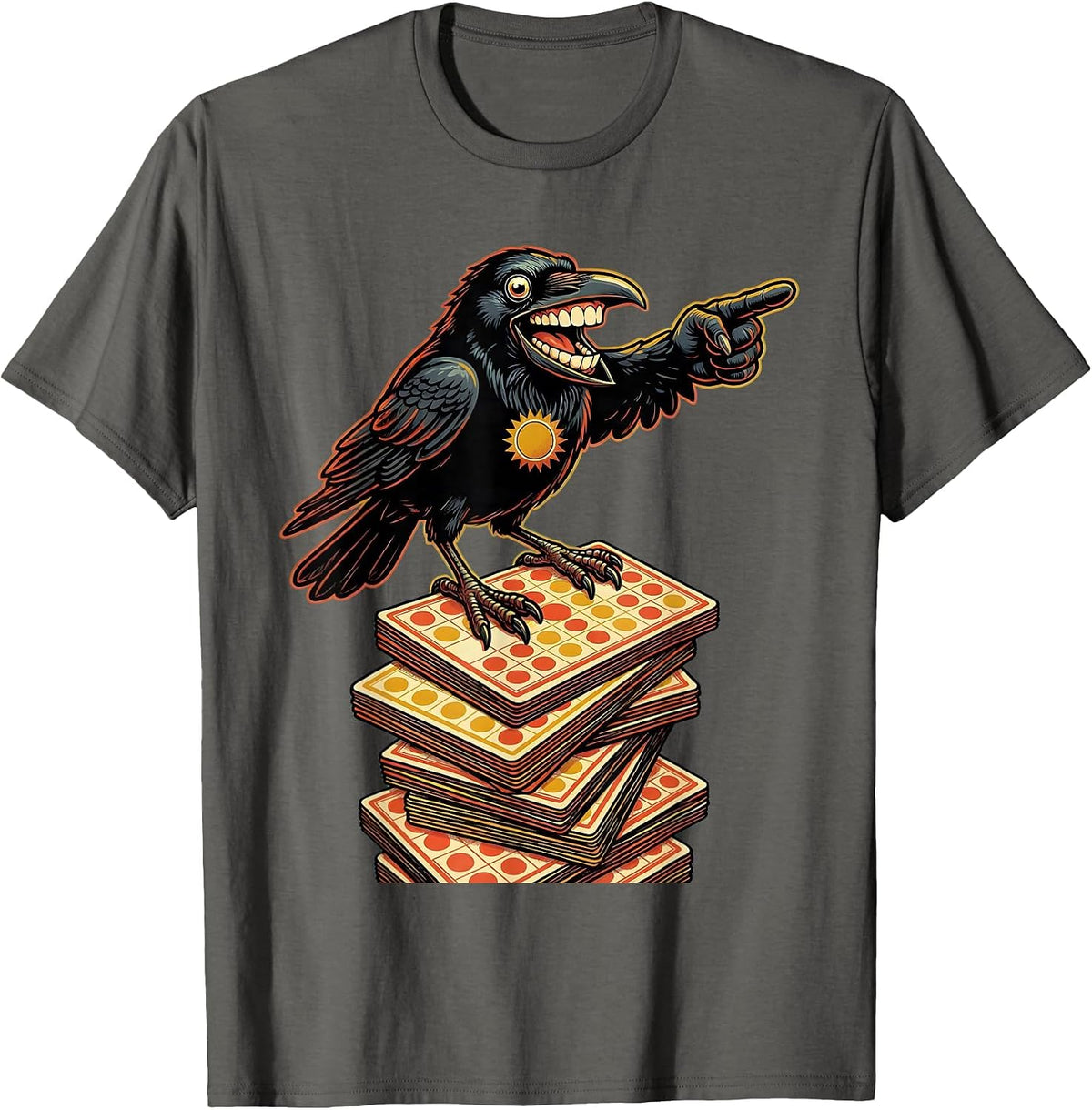 Crow Perched on Bingo Cards Illustration T-Shirt - Asphalt Grey