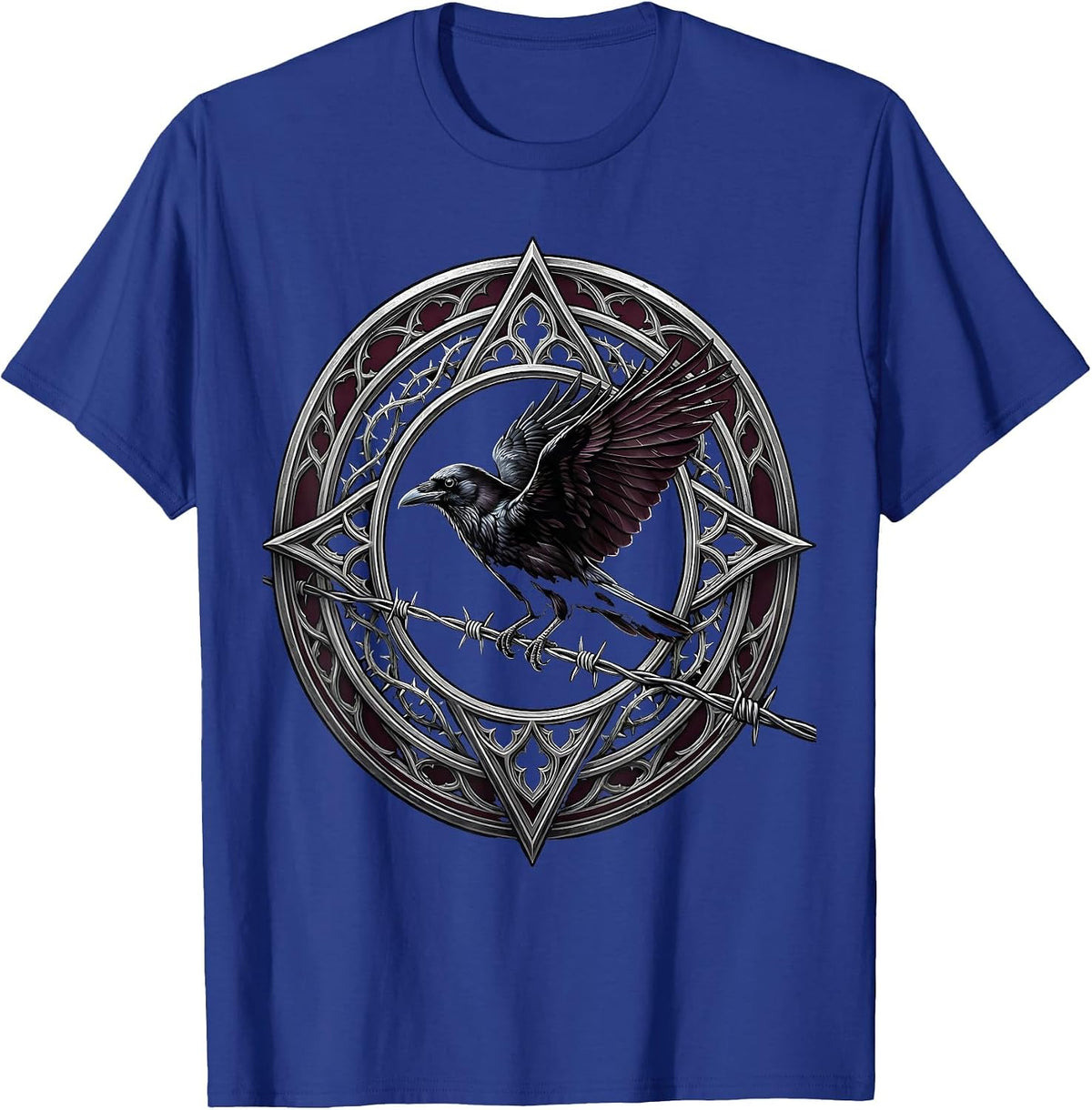 Crow on Barbed Wire Fence Illustration T-Shirt - Royal Blue