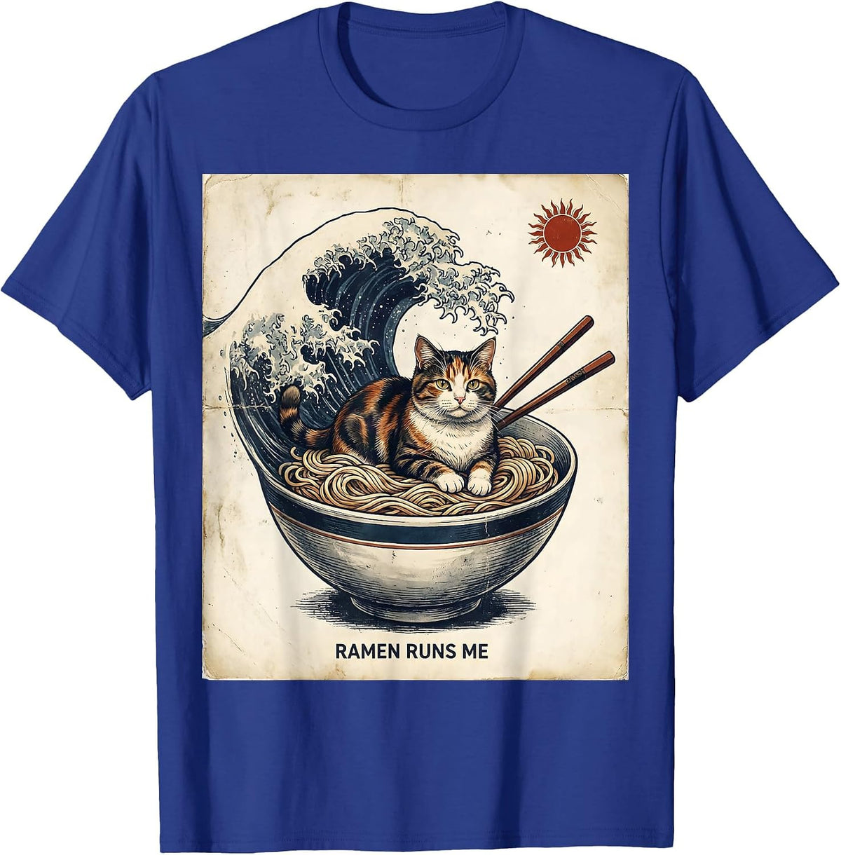 Men's Ramen Runs Me Vintage Anime Cat Novelty Humor T-Shirt - Royal Blue