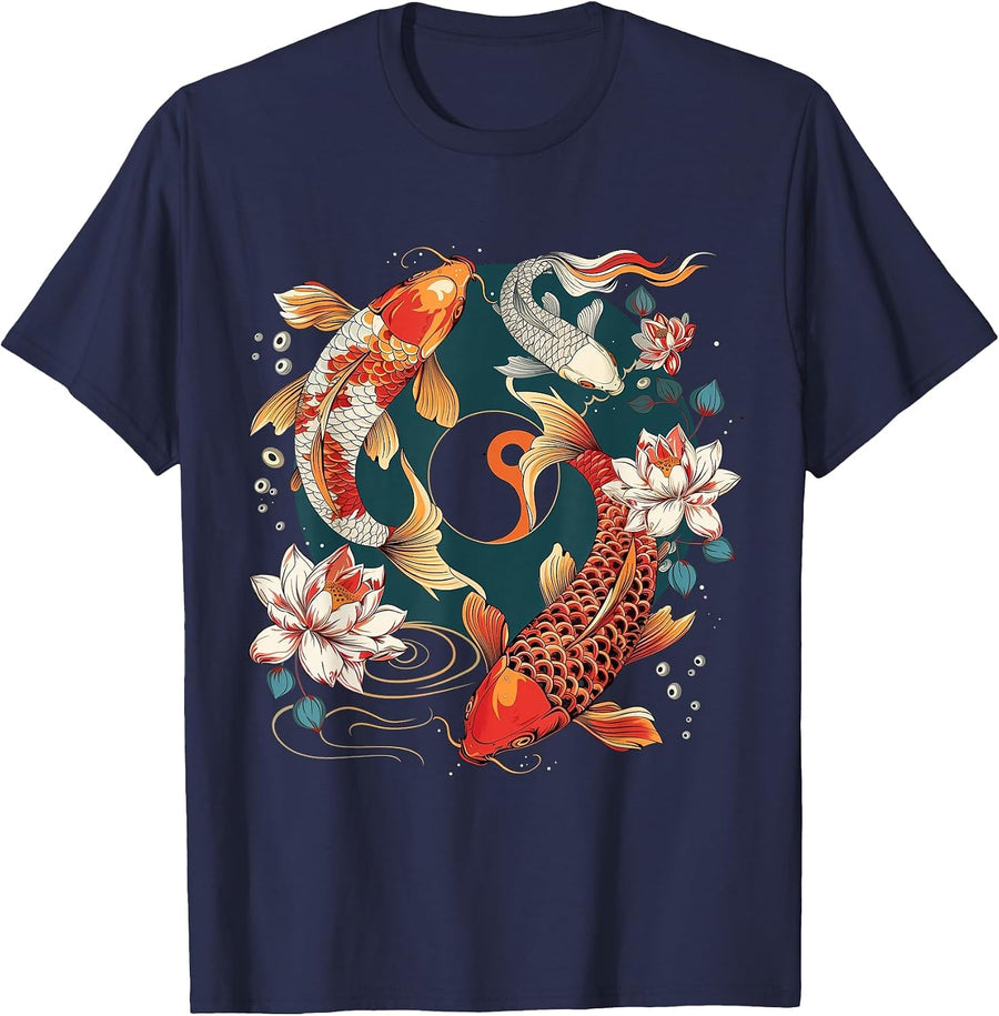 Japanese Koi Fish Vintage Lotus Flowers T-Shirt - Navy Blue