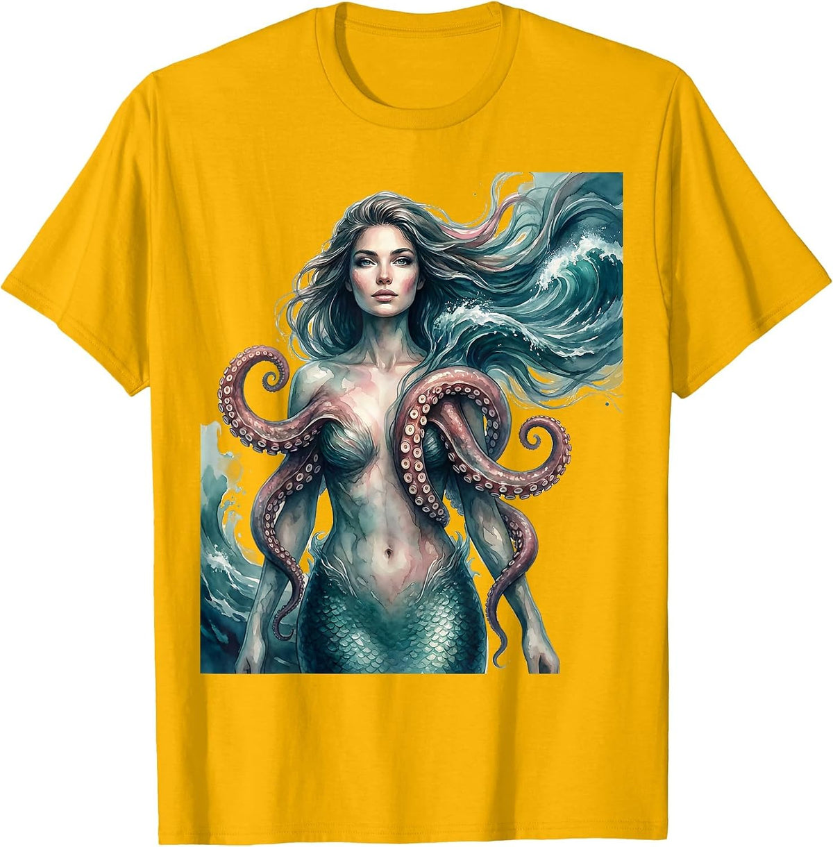 Mermaid and Octopus Ocean Fantasy Illustration T-Shirt - Golden Yellow
