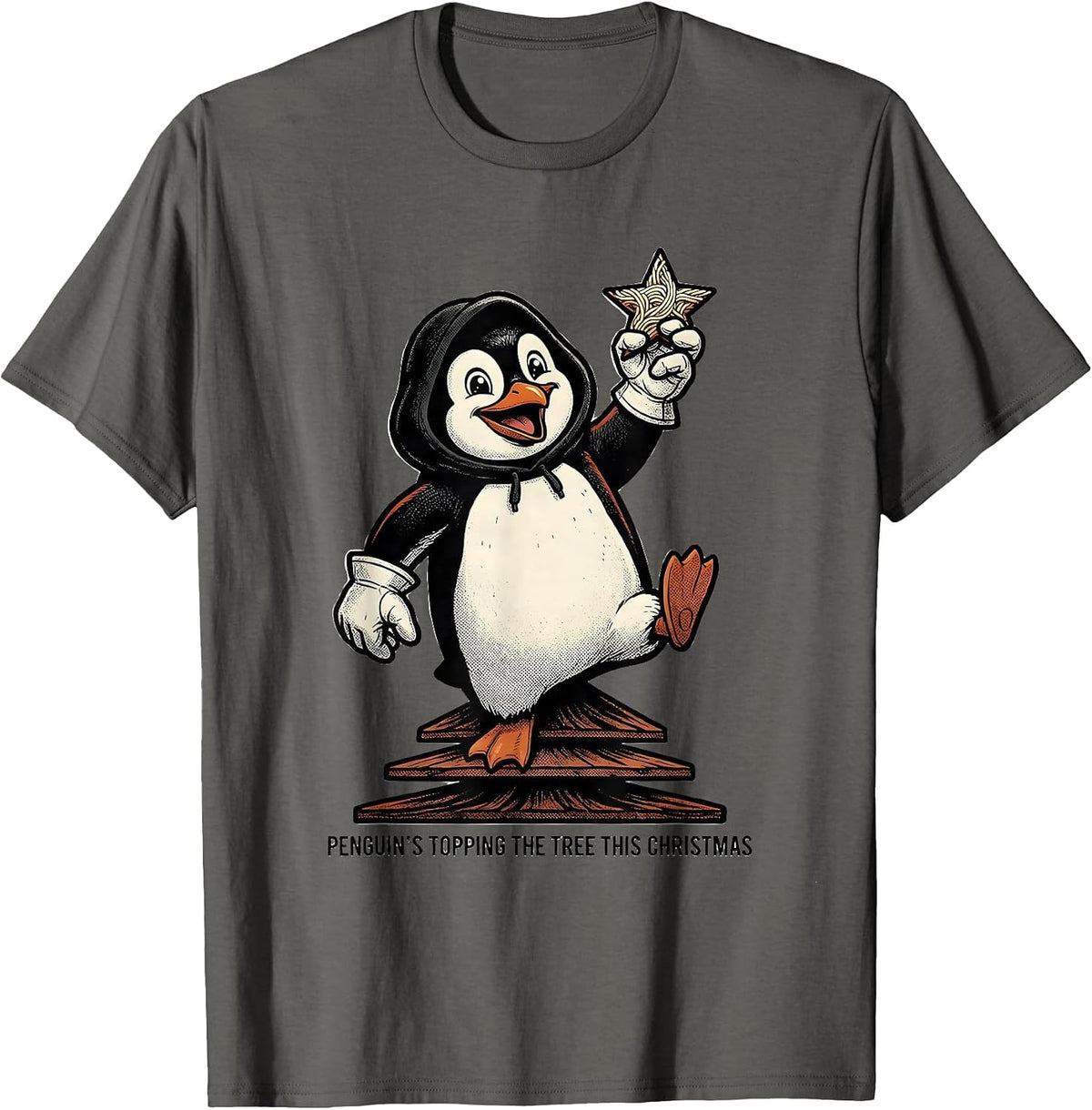 Men's Penguin's Topping The Tree This Christmas Funny T-Shirt - Asphalt Grey