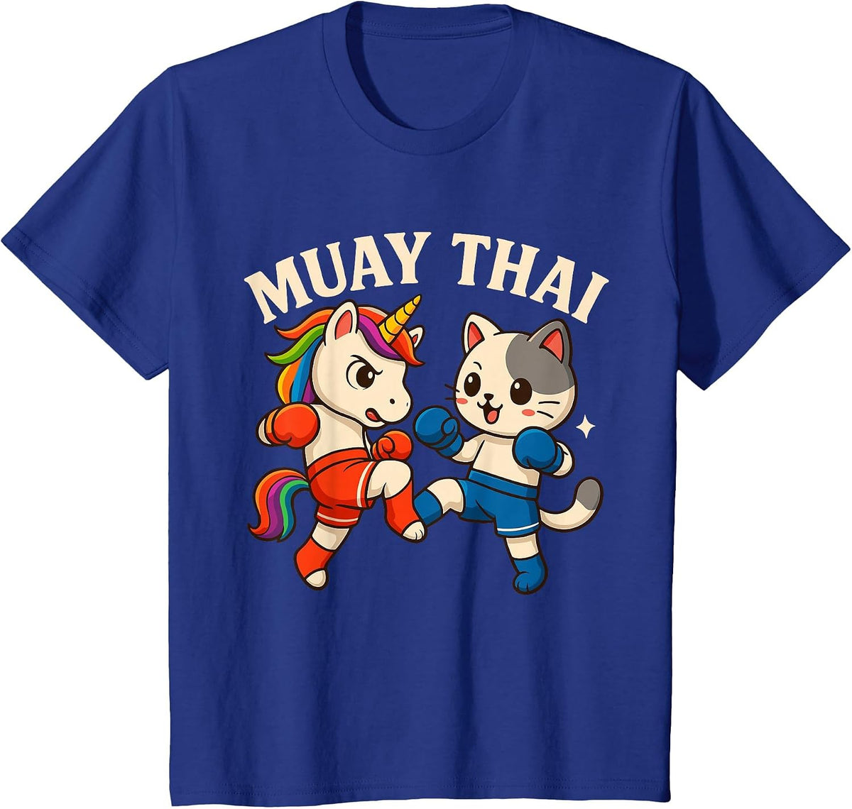 Muay Thai Unicorn Vs Cat Boxing Match for Kids T-Shirt - Royal Blue