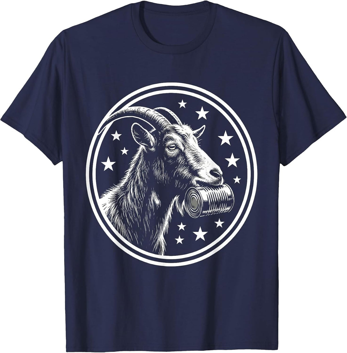 Men's Funny Goat Eating Tin Can With Stars Graphic T-Shirt - Navy Blue