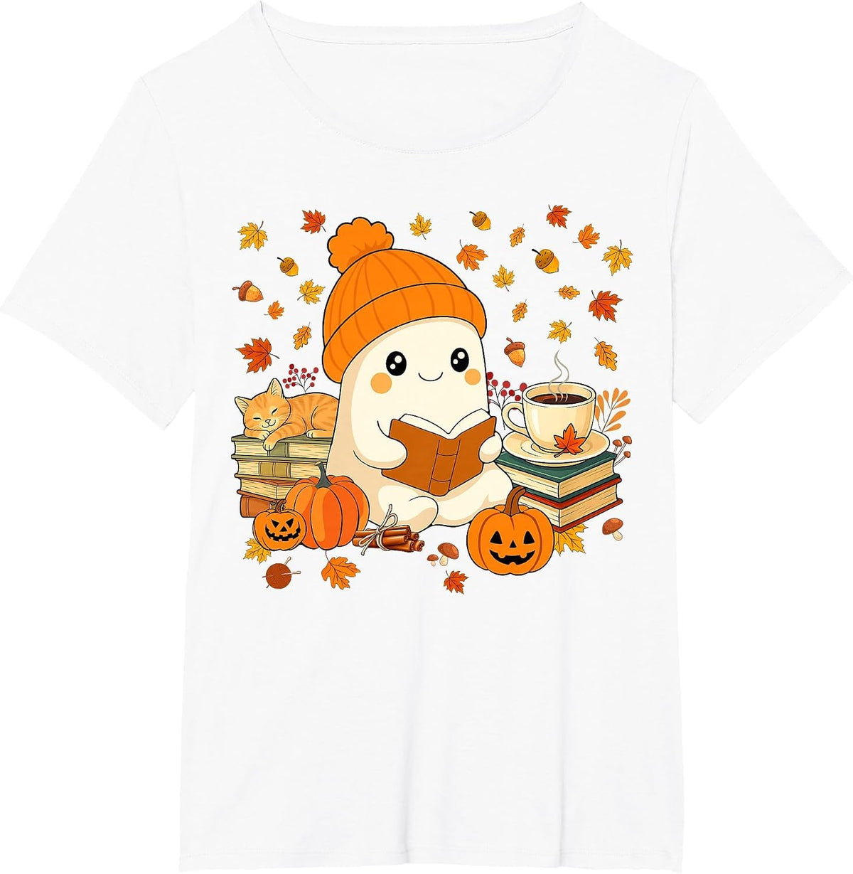 Cute Ghost Reading Book Lovers Autumn Fall Halloween Ghost T-Shirt - White