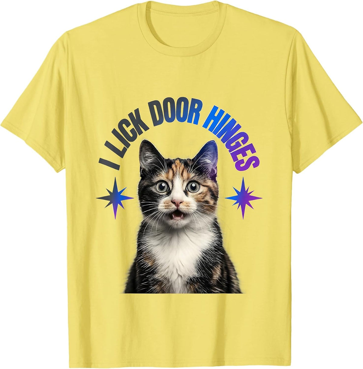 Men's I Lick Door Hinges Funny Cat Meme Bootleg Graphic Humor T-Shirt - Lemon Yellow