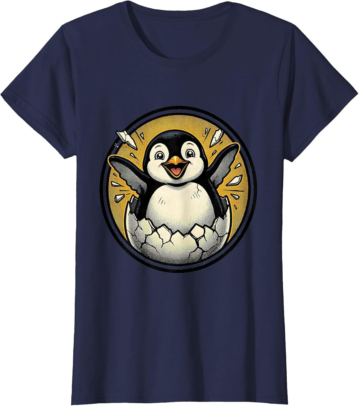 Women's Baby Penguin Hatching From Egg Cute Graphic T-Shirt - Navy Blue