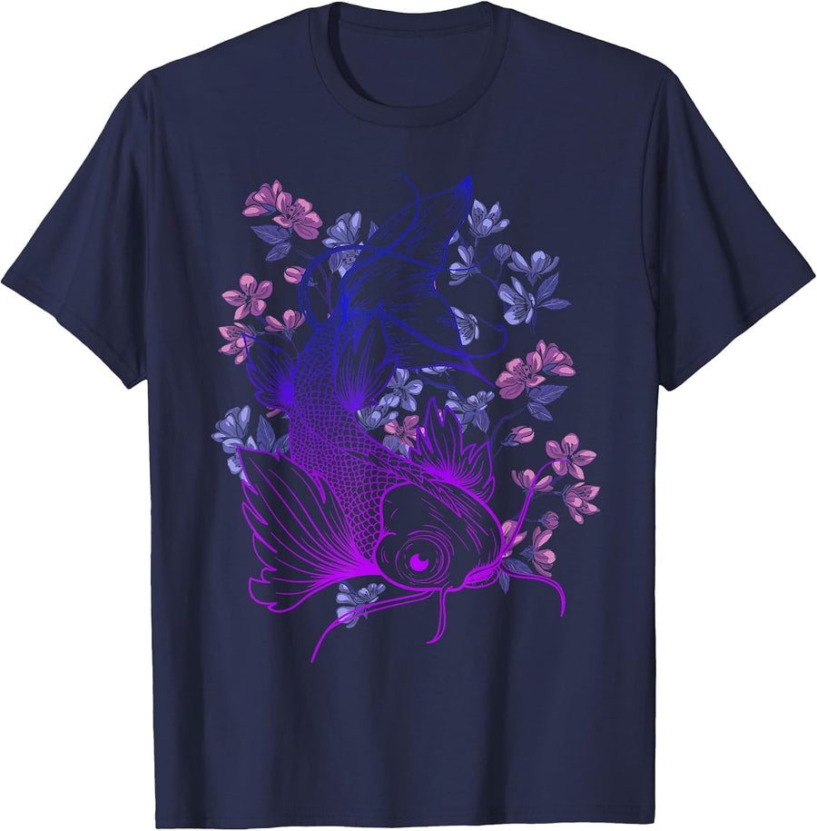 Japanese Koi Carp Cherry Blossom Season Asian Carp T-Shirt - Navy Blue