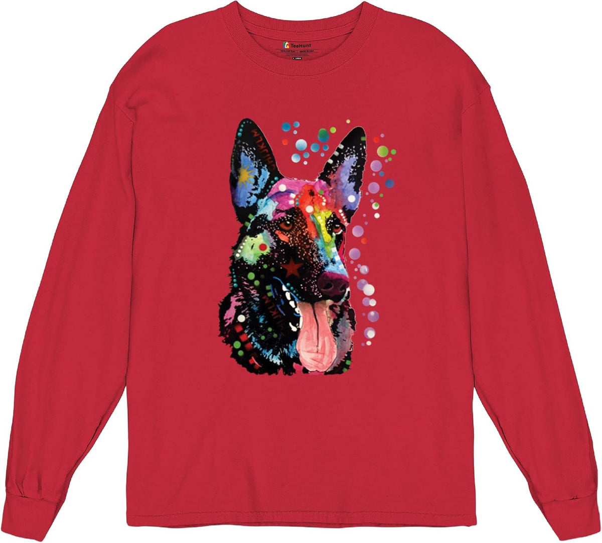 Tee Hunt Dean Russo German Shepherd Long Sleeve T-Shirt Colorful Dog Best Friend - Red