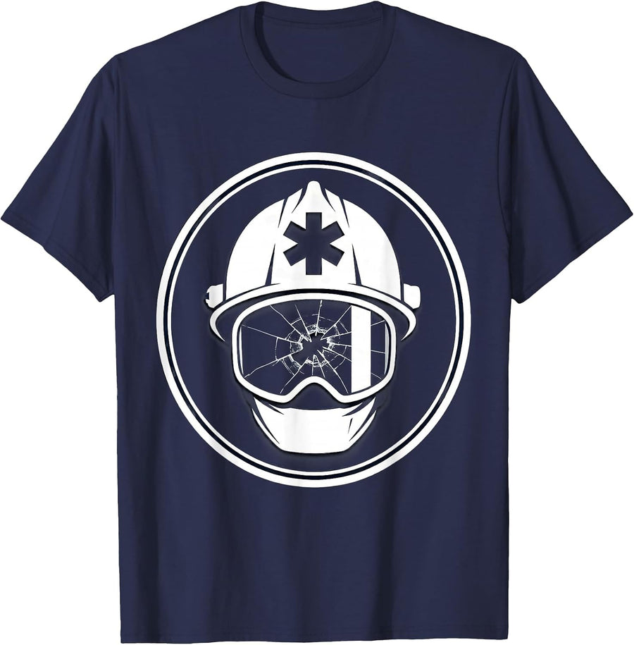 EMT Helmet Cracked Visor Star of Life Graphic T-Shirt - Navy Blue