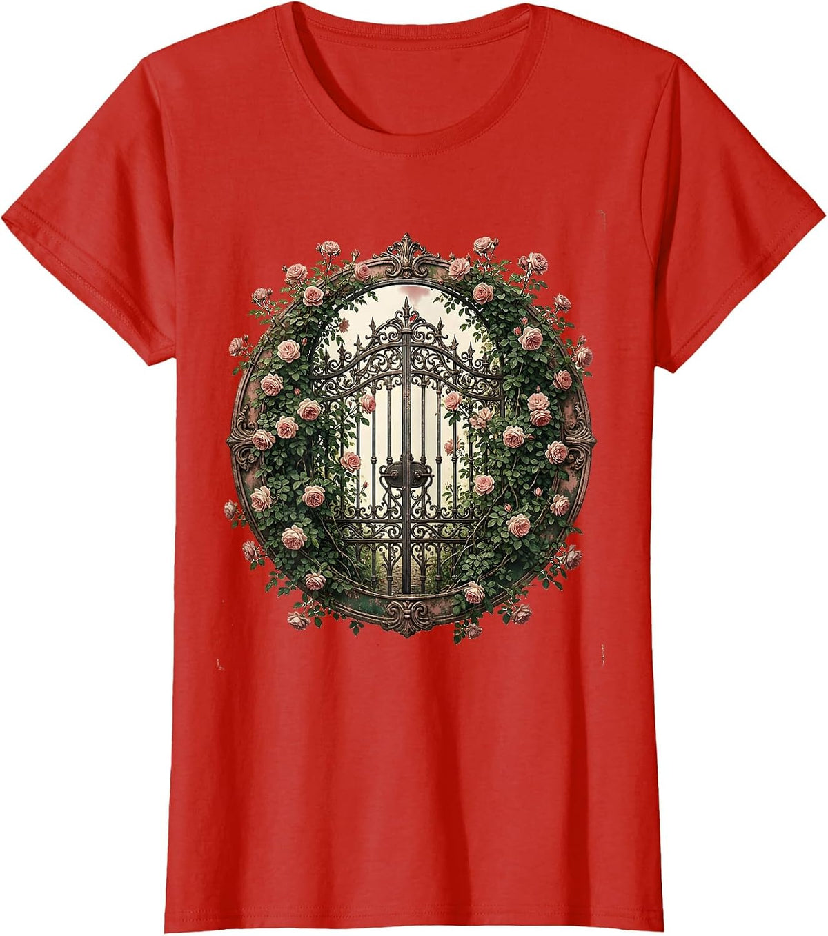 Overgrown Garden Gate Climbing Roses Illustration T-Shirt - Red
