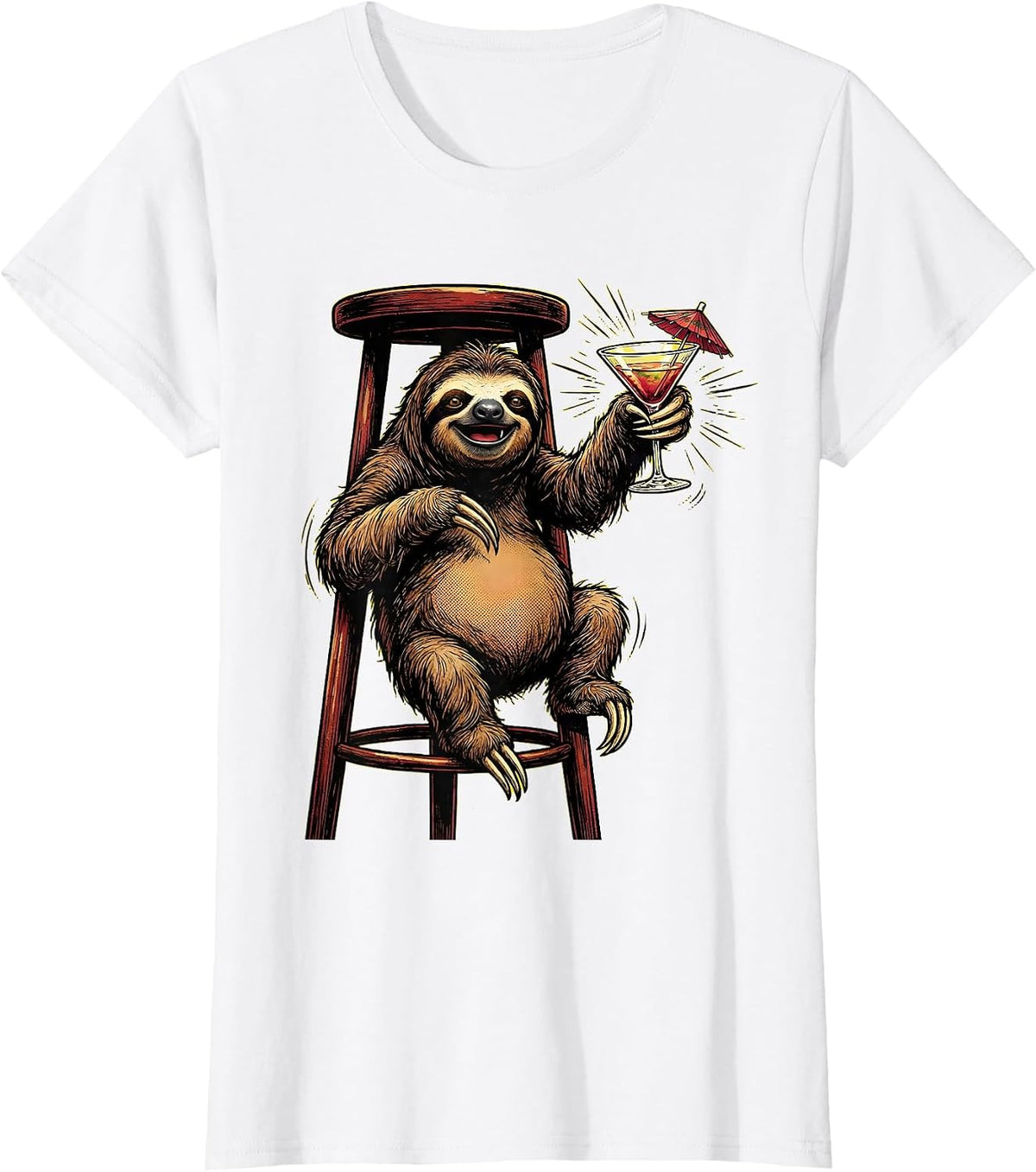 Women's Funny Sloth Hanging at the Bar Cocktail Design T-Shirt - White