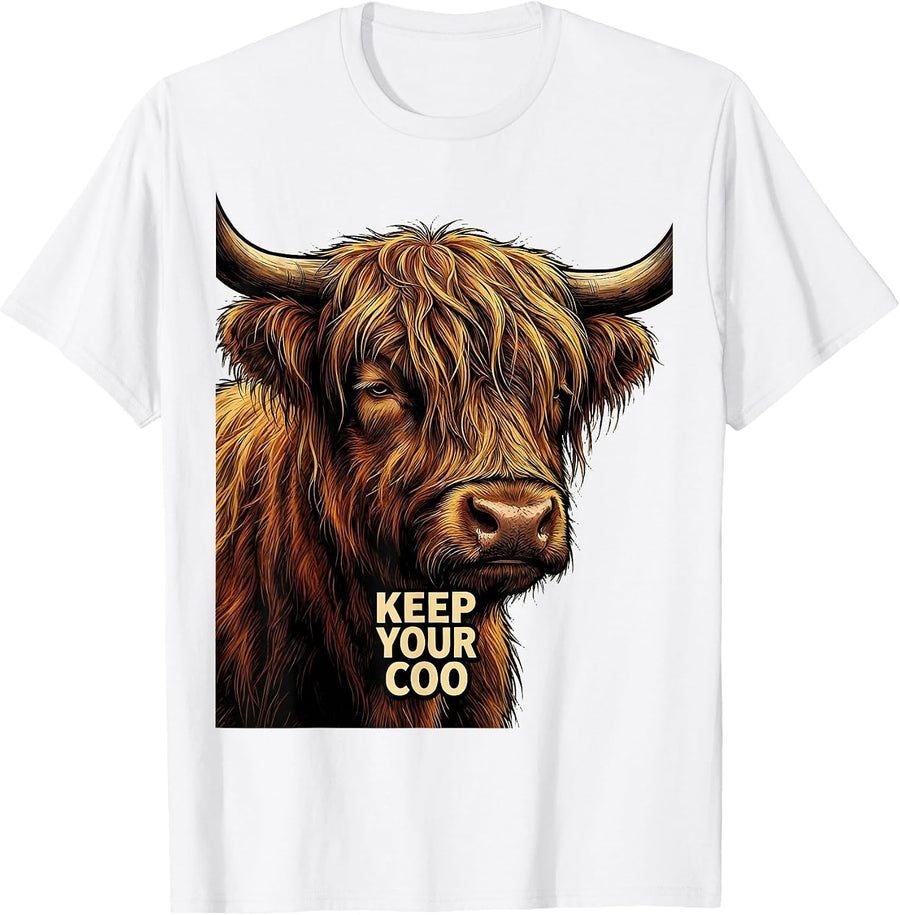 Men's Keep Your Coo Funny Highland Cow Cartoon Humor T-Shirt - White