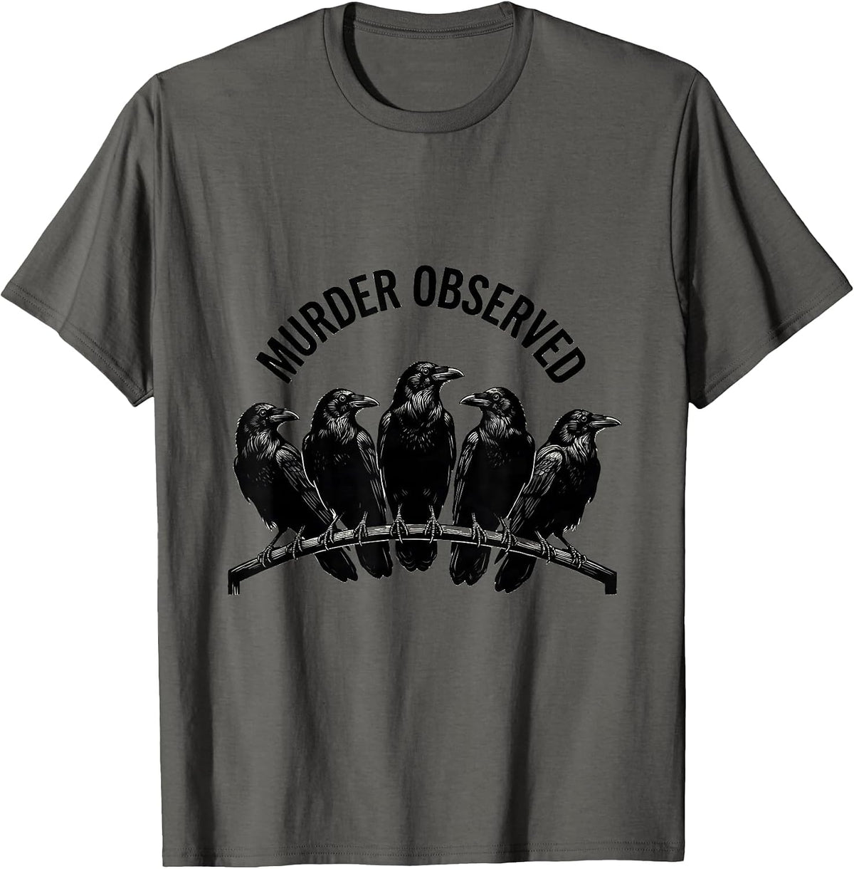 Men's Murder Observed Linocut Crow Raven Dark Humor Gothic Bird T-Shirt - Asphalt Grey