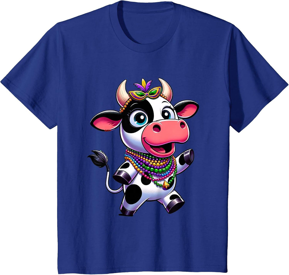 Mardi Gras Cow Wearing Mardi Gras Costume Beads T-Shirt - Royal Blue