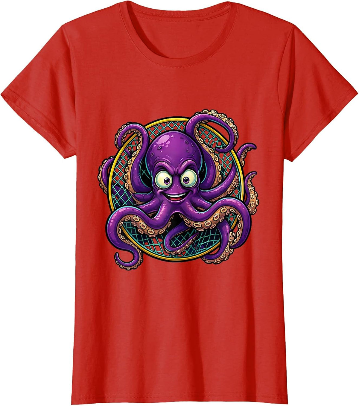 Women's Deep Sea Octopus Soccer Goal Net Illustration T-Shirt - Red