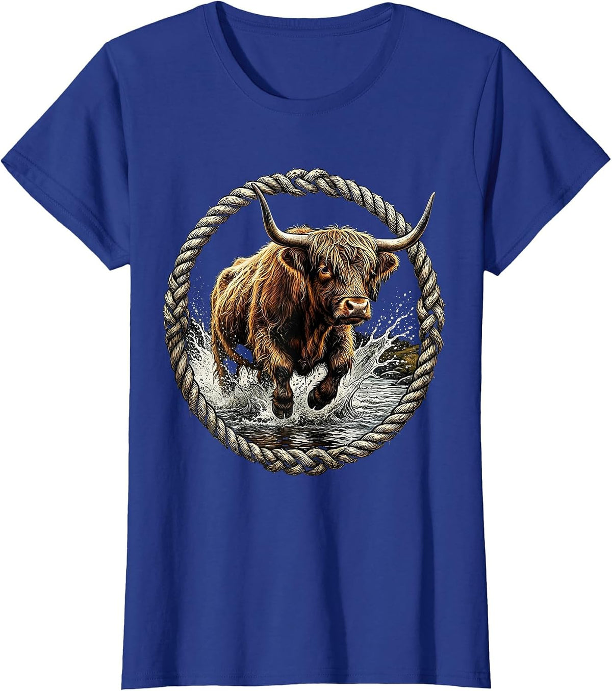 Women's Highland Cow Charging Through River Crossing T-Shirt - Royal Blue