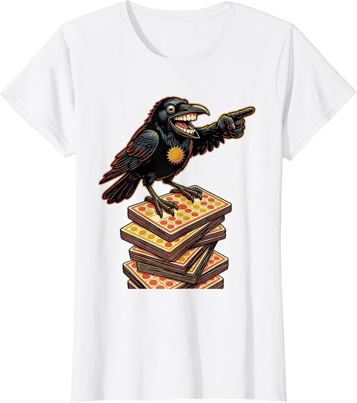 Crow Perched on Bingo Cards Illustration T-Shirt - White