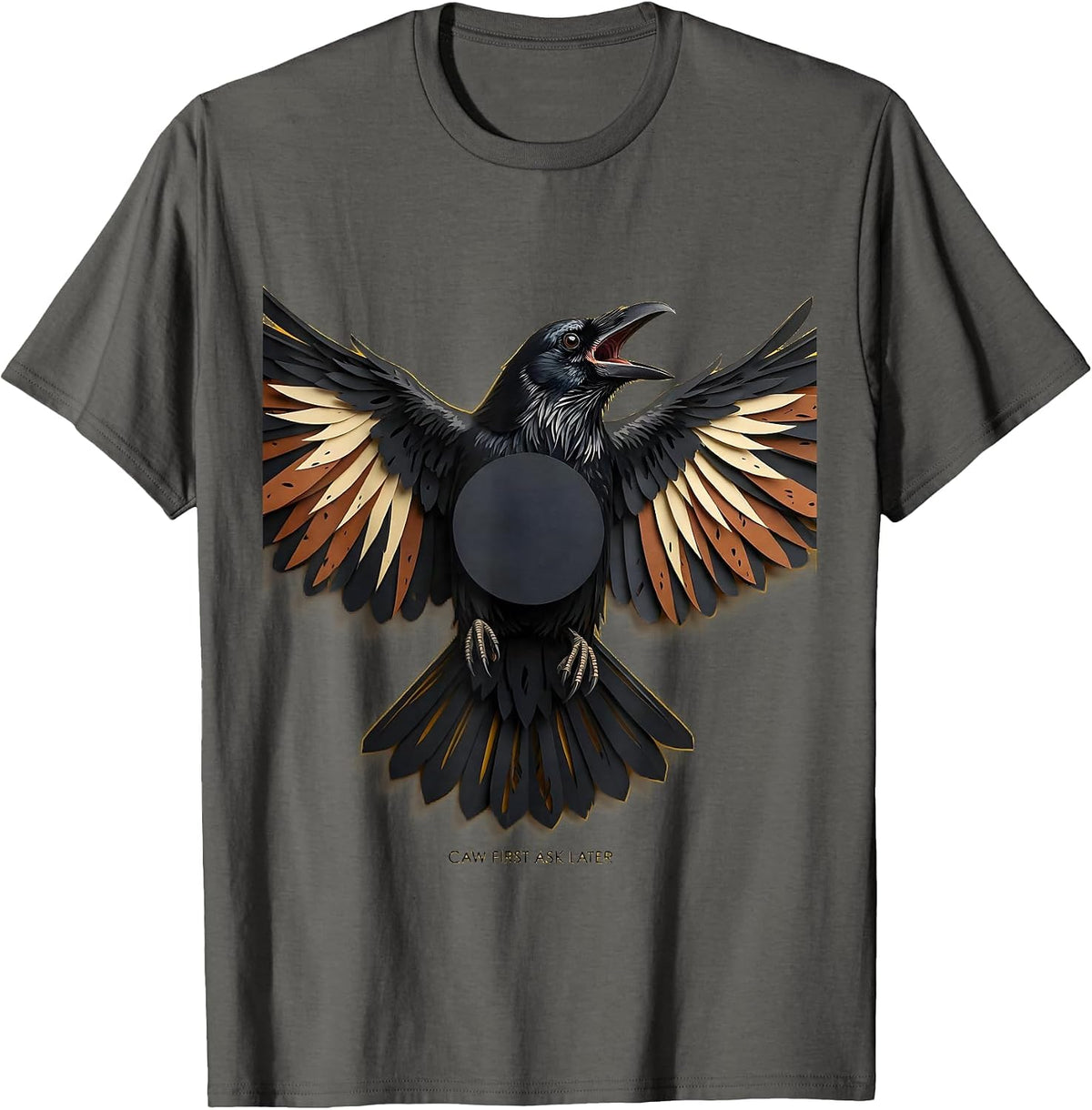 Men's Caw First Ask Later Bold Crow Design T-Shirt - Asphalt Grey