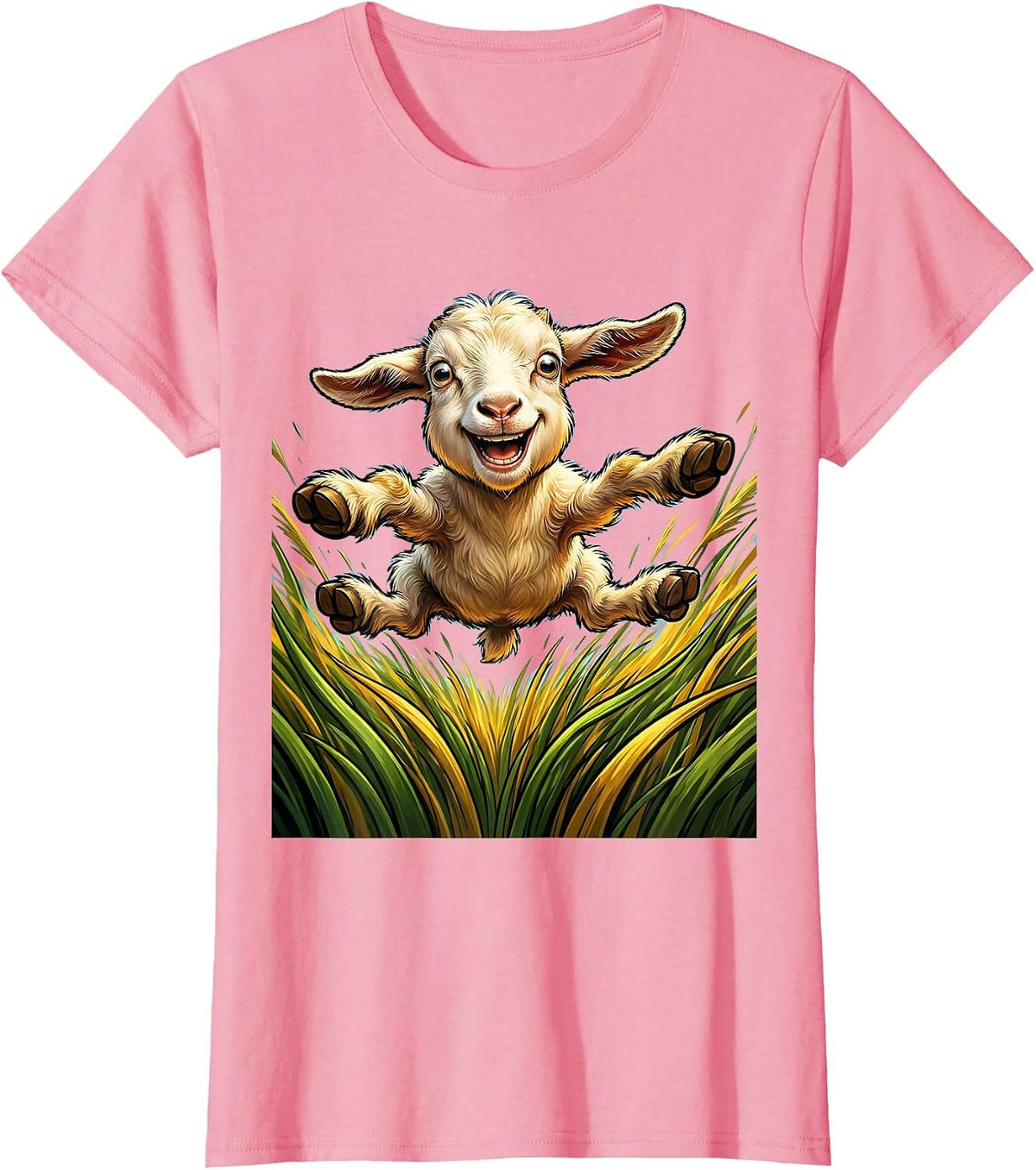 Women's Baby Goat Leaping Through Tall Grass Illustration T-Shirt - Pink
