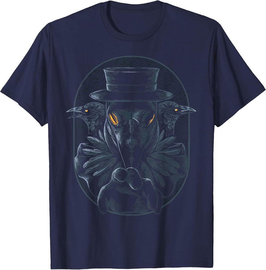 Plague Doctor with Raven Crow Medieval Middle Ages Physician T-Shirt - Navy Blue