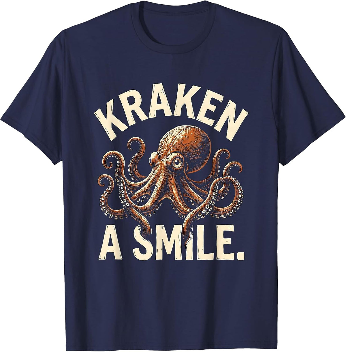 Men's Kraken A Smile Linocut Octopus Lover Marine Biology Humor T-Shirt - Navy Blue