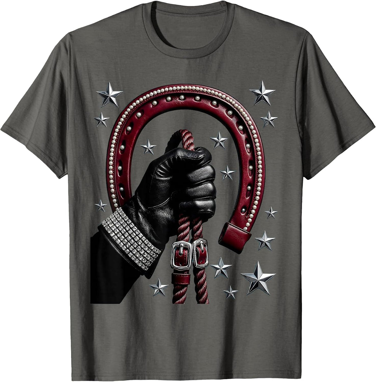 Cowboy Hand Holding Reins Stormy Sky Illustration T-Shirt - Asphalt Grey