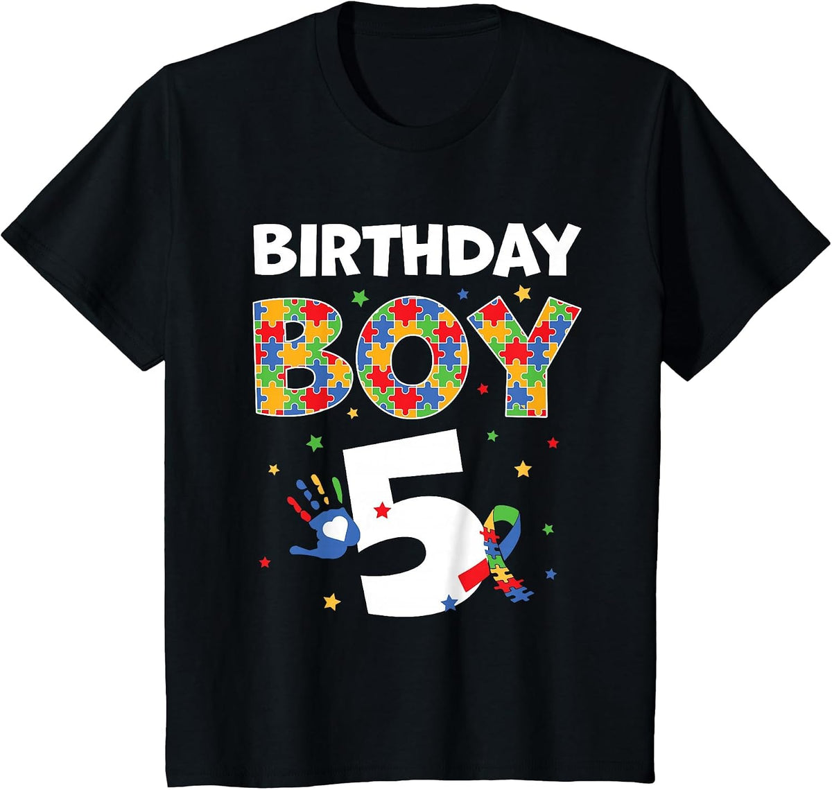 The 5th Birthday Boy Autism Awareness Puzzle Piece T-Shirt - Black