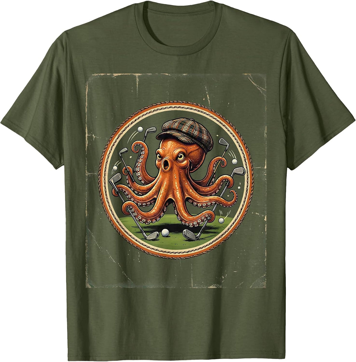 Funny Octopus Golf All 18 Holes Illustration T-Shirt - Olive Green