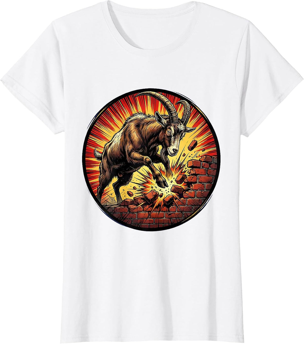 Stubborn Goat Headbutting Brick Wall Funny Art T-Shirt - White