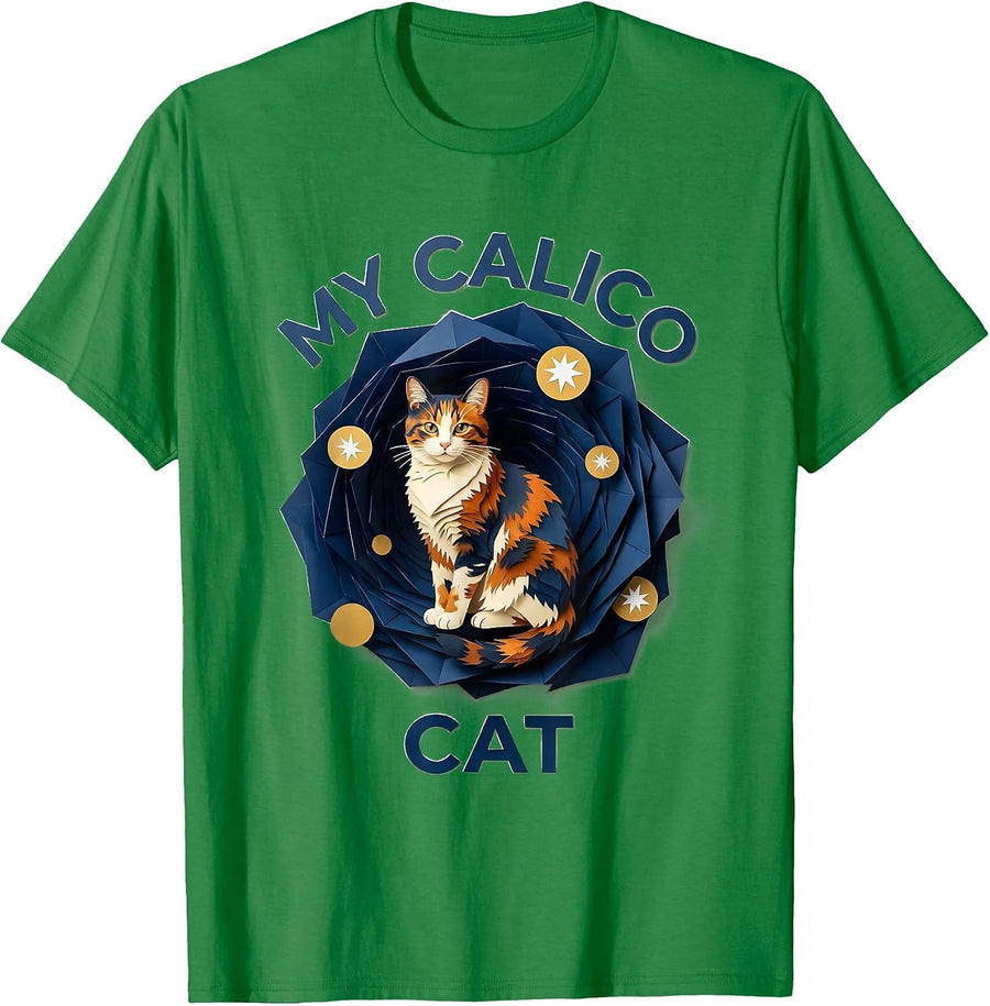 Men's My Calico Cat Artful Pet Portrait Cat Lover Gift T-Shirt - Kelly Green