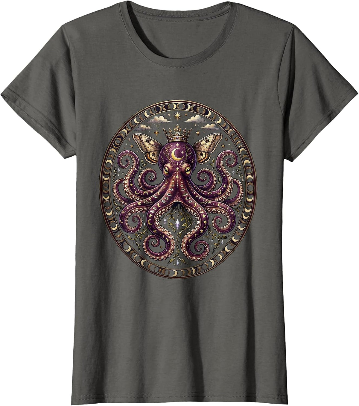Women's Regal Octopus Wearing a Tiny Golden Crown T-Shirt - Asphalt Grey