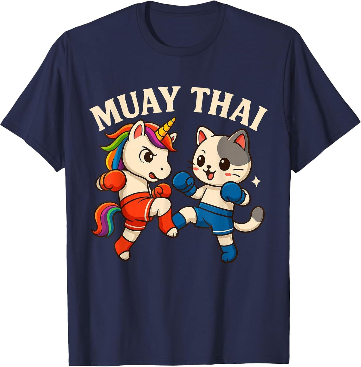 Muay Thai Unicorn Vs Cat Boxing Match for Kids T-Shirt - Navy Blue
