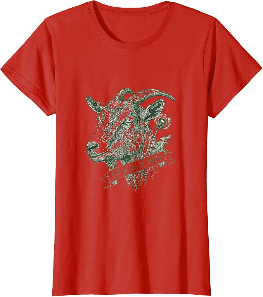 Women's Eat Weeds Be Happy Funny Goat Design T-Shirt - Red