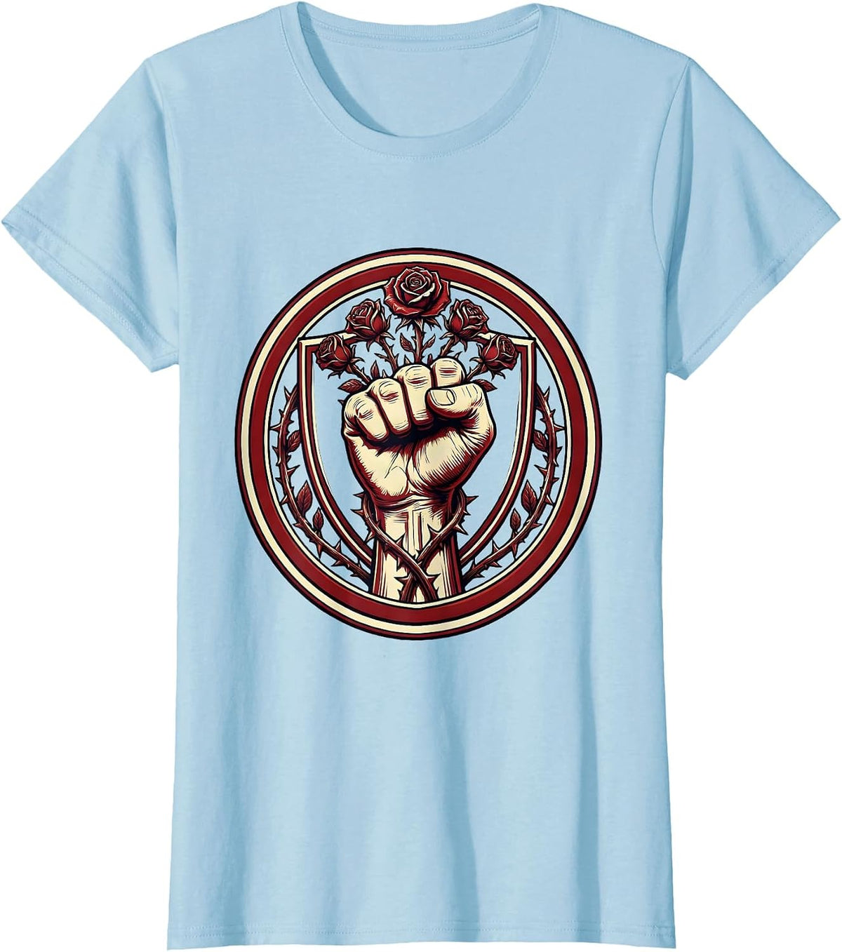 Clenched Fist With Roses Graphic Design T-Shirt - Baby Blue