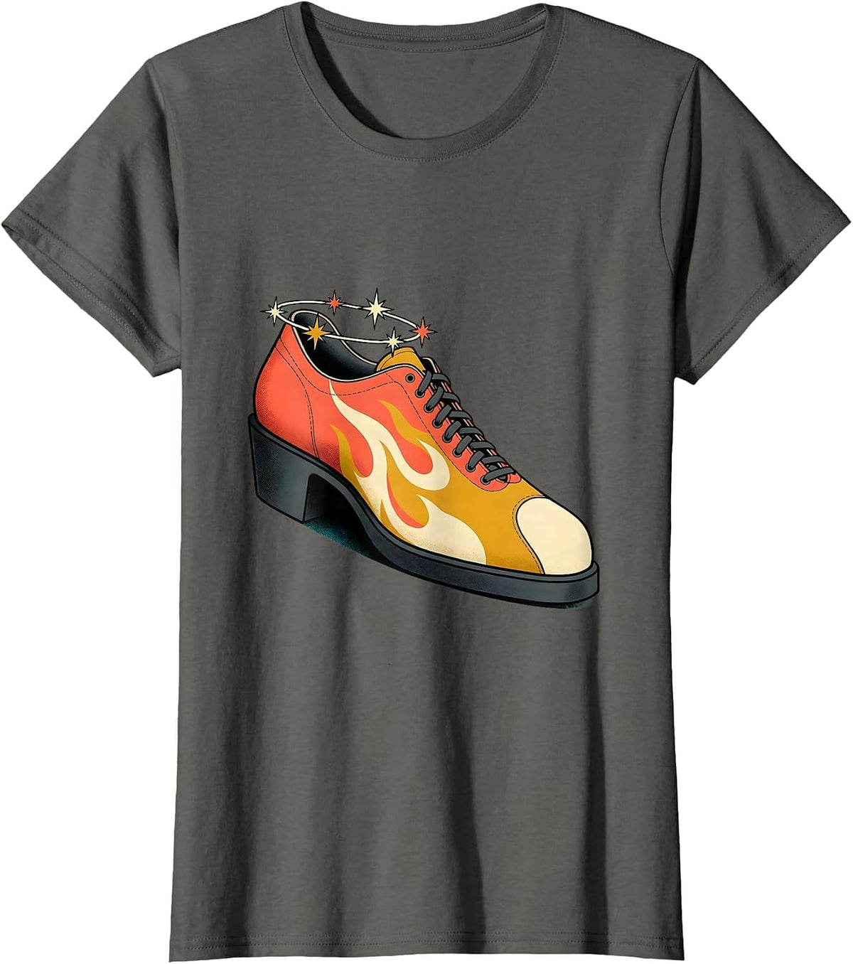 Women's Vintage Flame Bowling Shoe Graphic Tee T-Shirt - Asphalt Grey