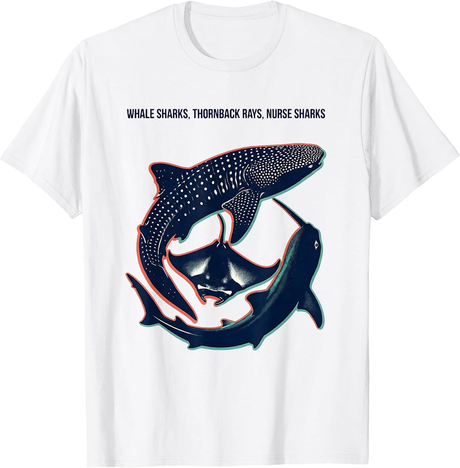 Men's Whale Sharks, Thornback Rays, Nurse Sharks Ocean Animal T-Shirt - White