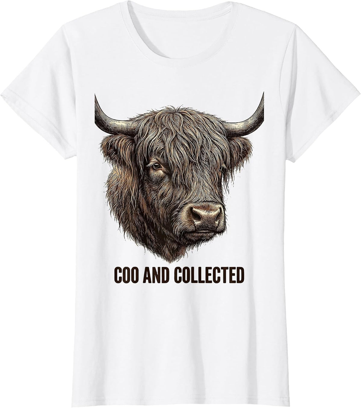 Coo And Collected Crosshatch Etching Highland Cow Humor T-Shirt - White