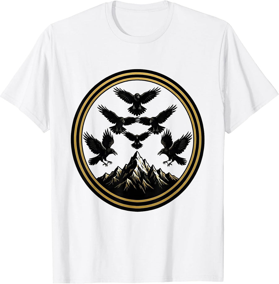 Men's Crow Silhouettes V-Formation Over Mountains T-Shirt - White