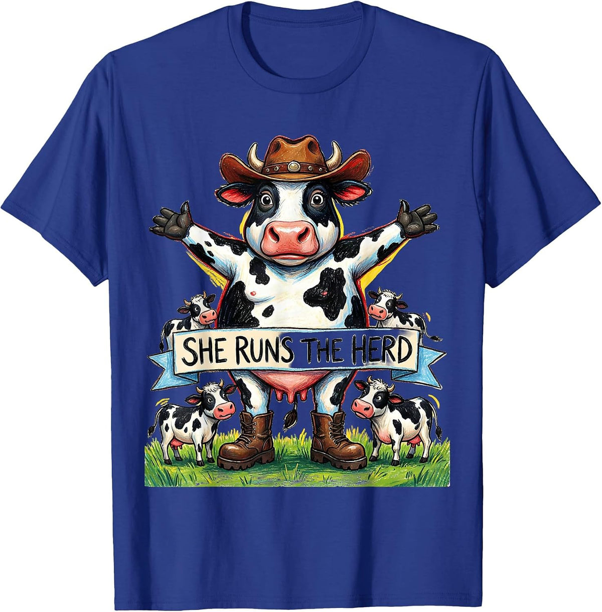 Men's She Runs The Herd Cow Lover Design T-Shirt - Royal Blue