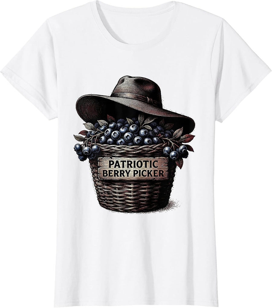 Women's Red White and Blueberries Patriotic Berry Picker T-Shirt - White