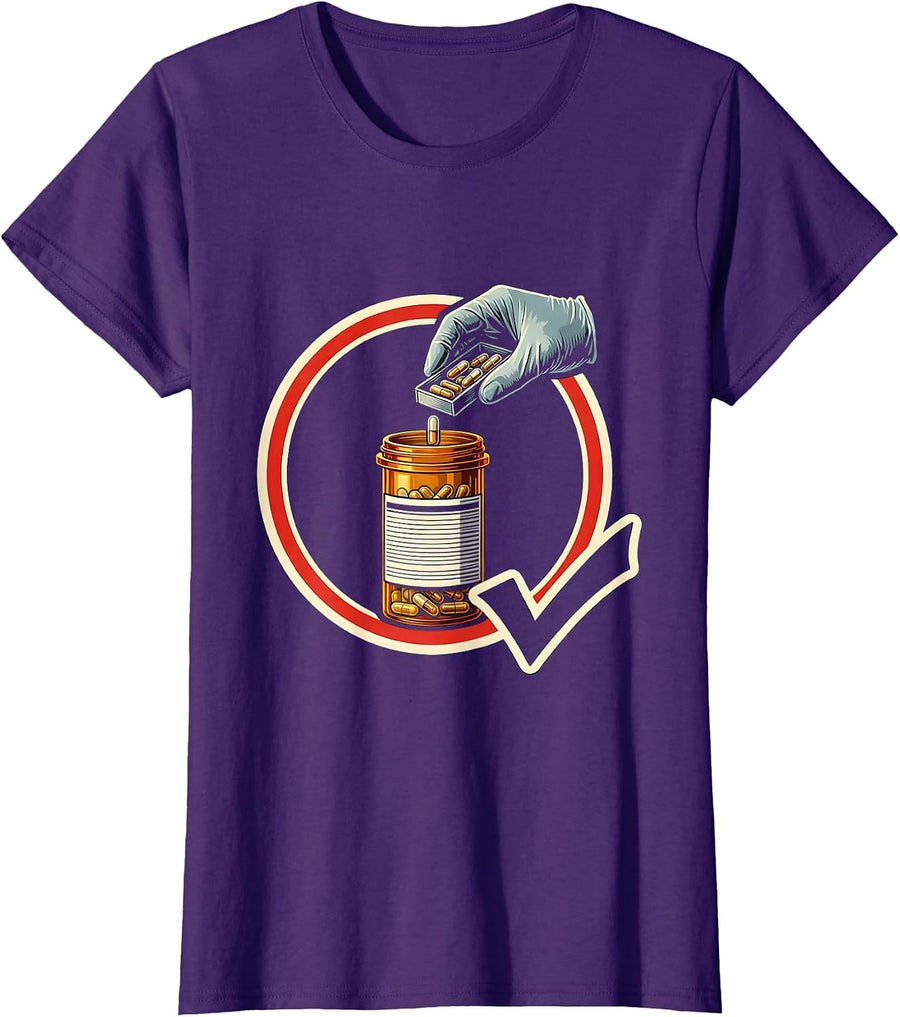 Women's Pharmacy Tech Badge Occupational Humor Crew T-Shirt - Purple
