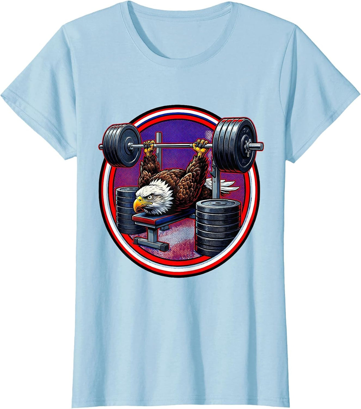 Bald Eagle Bench Press Funny Weightlifting Graphic T-Shirt - Baby Blue