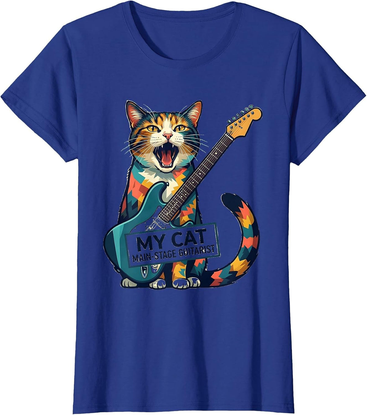 Women's My Cat, Main-Stage Guitarist Funny Rock Star Cat Lover Gift T-Shirt - Royal Blue