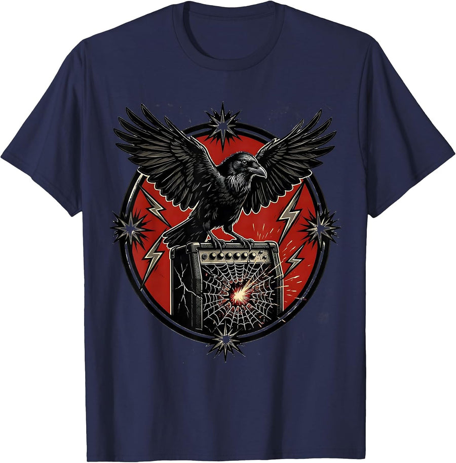 Grunge Crow on Broken Amplifier Illustration T-Shirt - Navy Blue